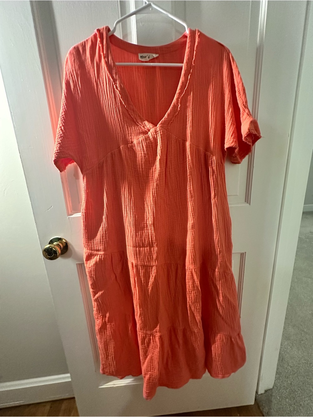 Coral V-Neck Textured Summer Dress